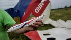 Мужчина демонстрирует модель разбившегося самолета, найденную на месте крушения лайнера Мужчина демонстрирует модель разбившегося самолета, найденную на месте крушения лайнера