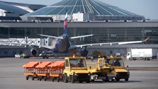Буксировщики багажа в аэропорту Шереметьево в Москве. Архивное фото Буксировщики багажа в аэропорту Шереметьево в Москве. Архивное фото