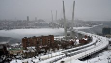 Вид с Орлиной сопки на вантовый мост через бухту Золотой Рог во Владивостоке. Архивное фото Вид с Орлиной сопки на вантовый мост через бухту Золотой Рог во Владивостоке. Архивное фото