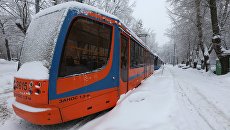 Трамваи, временно оставшиеся без электричества в результате падения дерева на провода из-за снегопада в Москве. 4 февраля 2018 Трамваи, временно оставшиеся без электричества в результате падения дерева на провода из-за снегопада в Москве. 4 февраля 2018