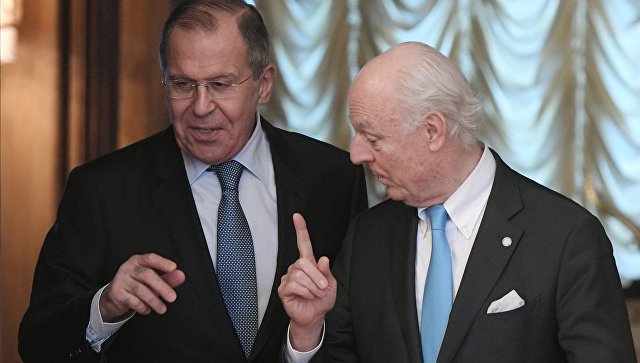 Министр иностранных дел РФ Сергей Лавров и специальный посланник генерального секретаря ООН по Сирии Стаффан де Мистура. Архивное фото Министр иностранных дел РФ Сергей Лавров и специальный посланник генерального секретаря ООН по Сирии Стаффан де Мистура. Архивное фото
