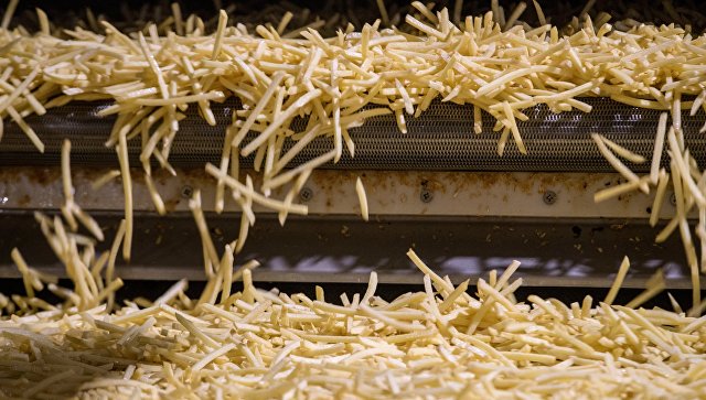 Нарезанный ломтиками картофель на технологической линии на заводе по переработке и производству замороженного картофеля ГК Белая дача в Липецкой области
